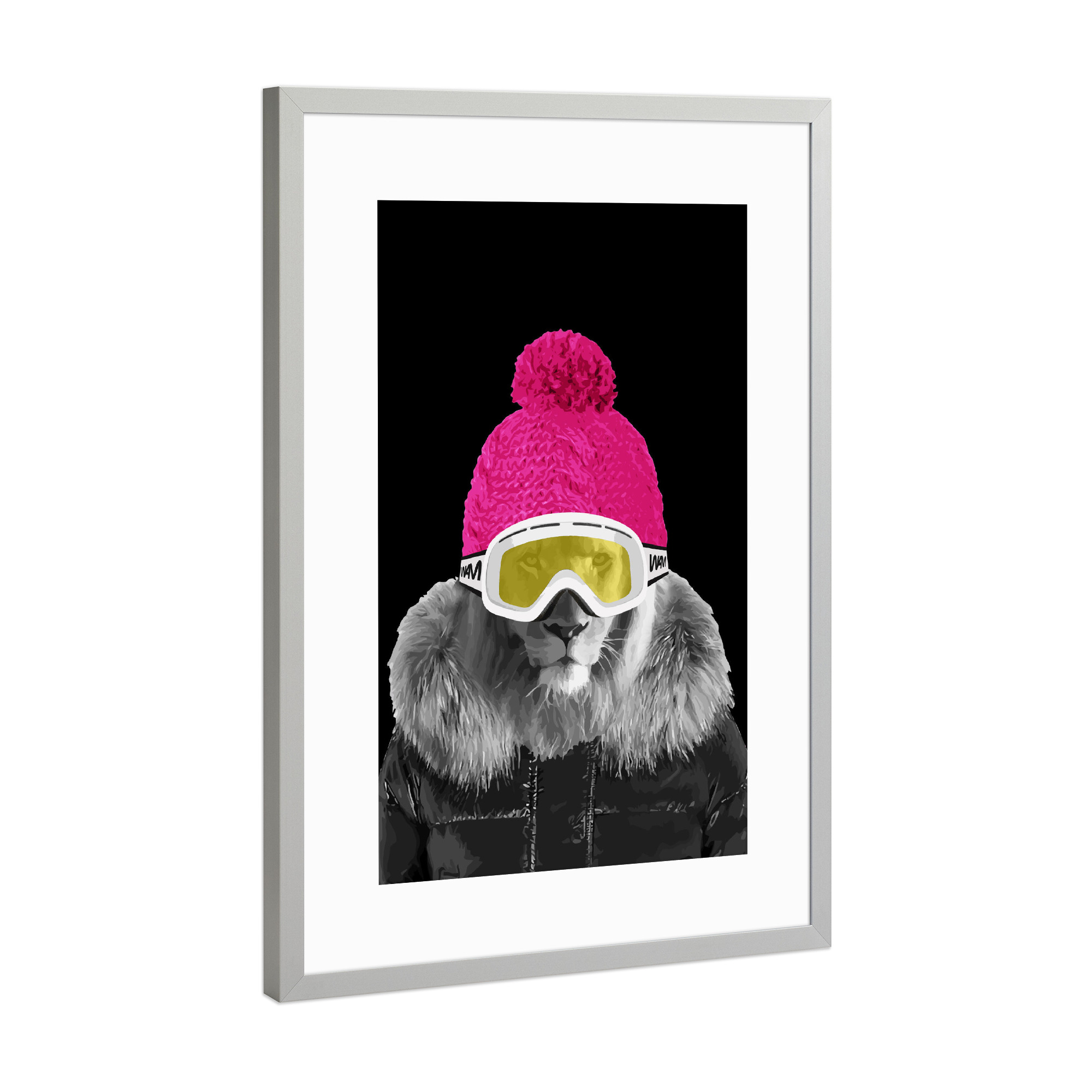 Poster mit Rahmen Silber "Lion Winter Sports" artboxONE - Tiere - Löwe,Winter,Wintersport,Snowboard,Snowboarden,Snowboarder,Parodie,Löwe,Löwen