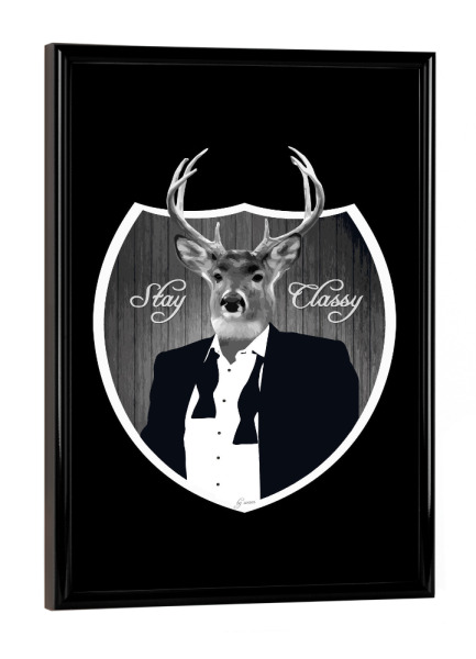 Poster mit schwarzem Rahmen "Deer Stay Classy" artboxONE - Tiere,Schwarzweiß - Hirsch,Humor,Lustig,Parodie,Tuxedo,Reh,Hirsch,Satire,Satirisch,Komisch