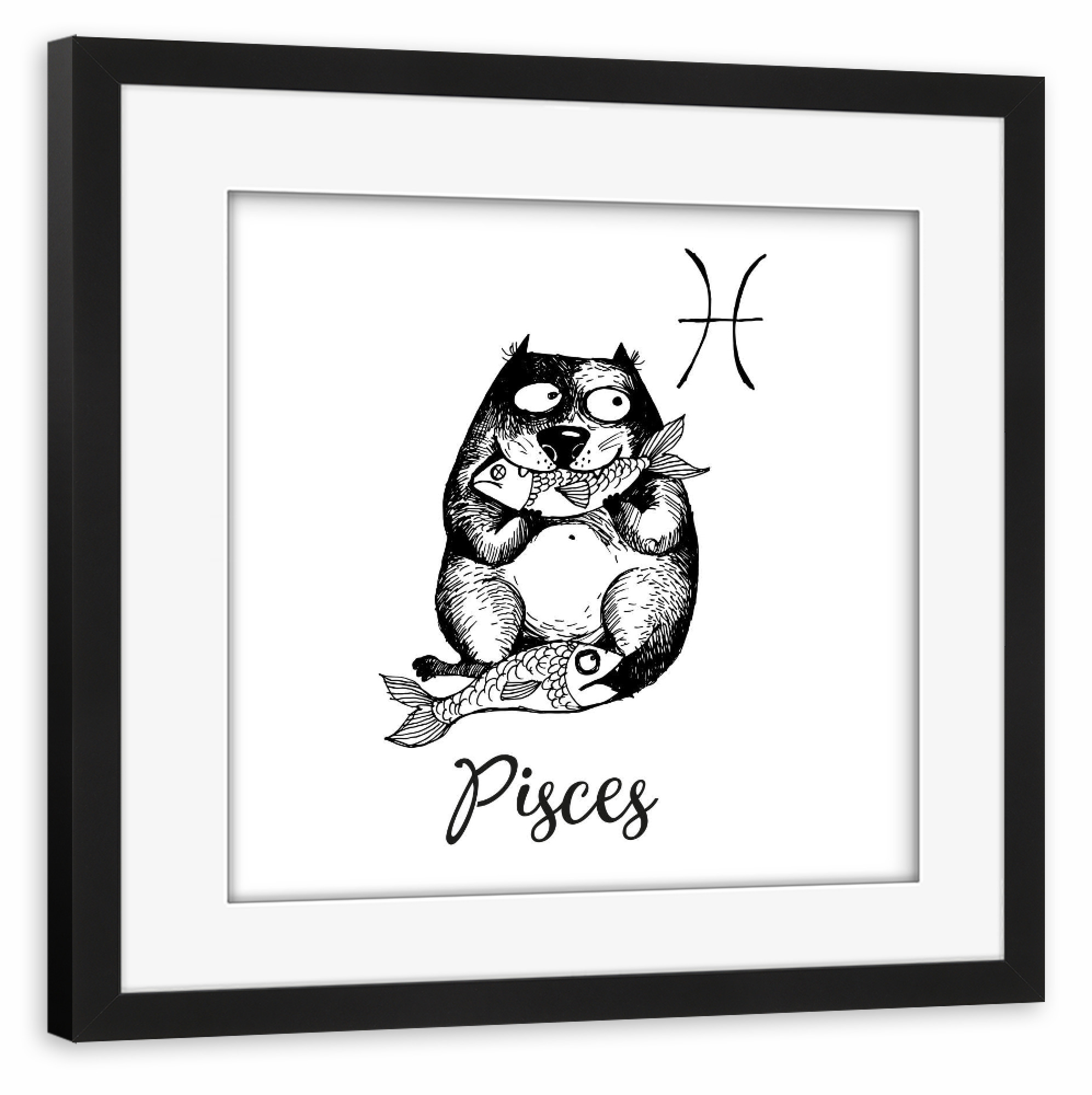 Poster mit Rahmen schwarz "Pisces cat" artboxONE - Tiere,Comic,Schwarzweiß