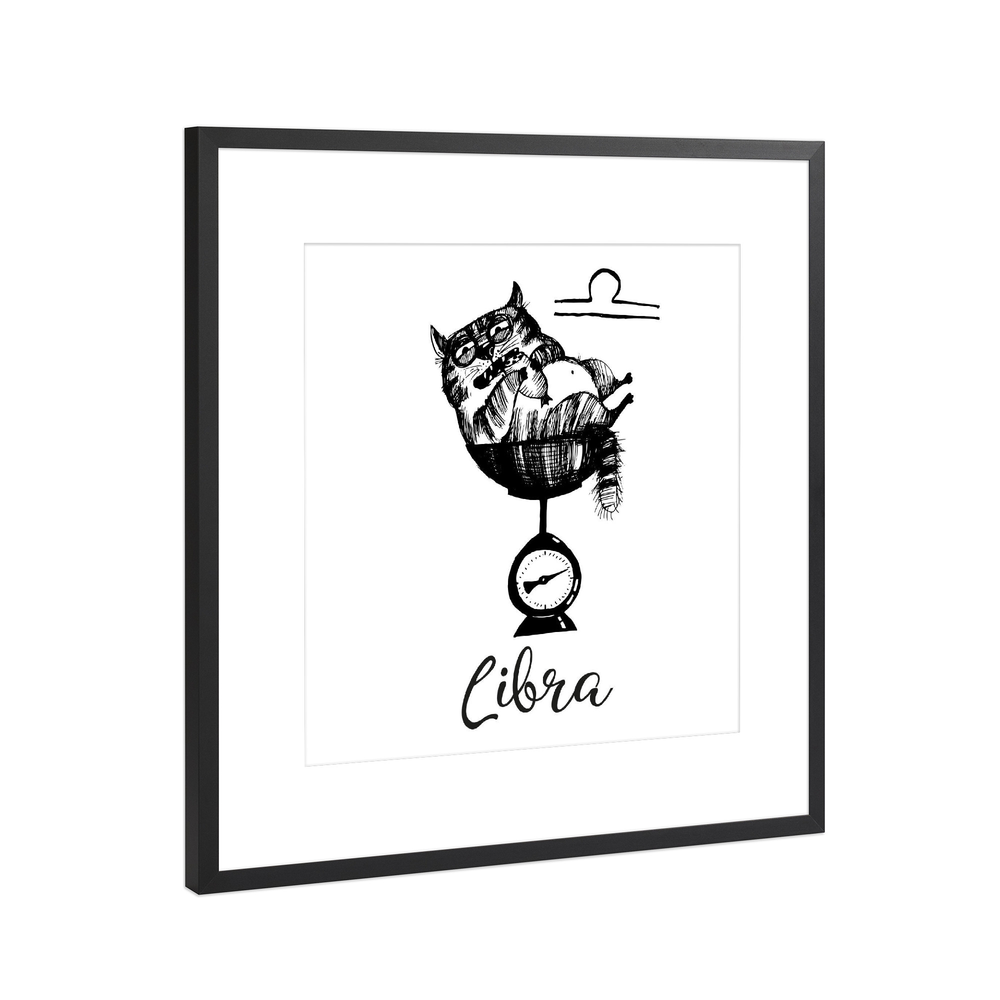 Poster mit Rahmen Schwarz (Metallic) "Libra cat" artboxONE - Tiere,Comic,Schwarzweiß