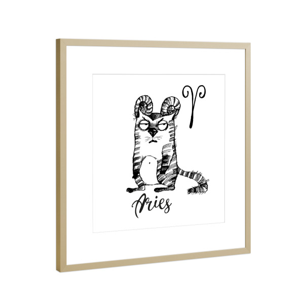 Poster mit Rahmen Gold "Aries cat" artboxONE - Comic - Aries,Widder,Sternzeichen,Zodiac,Katze,Cat,Funny,Lustig,Schwarzweiss,Blackandwhite