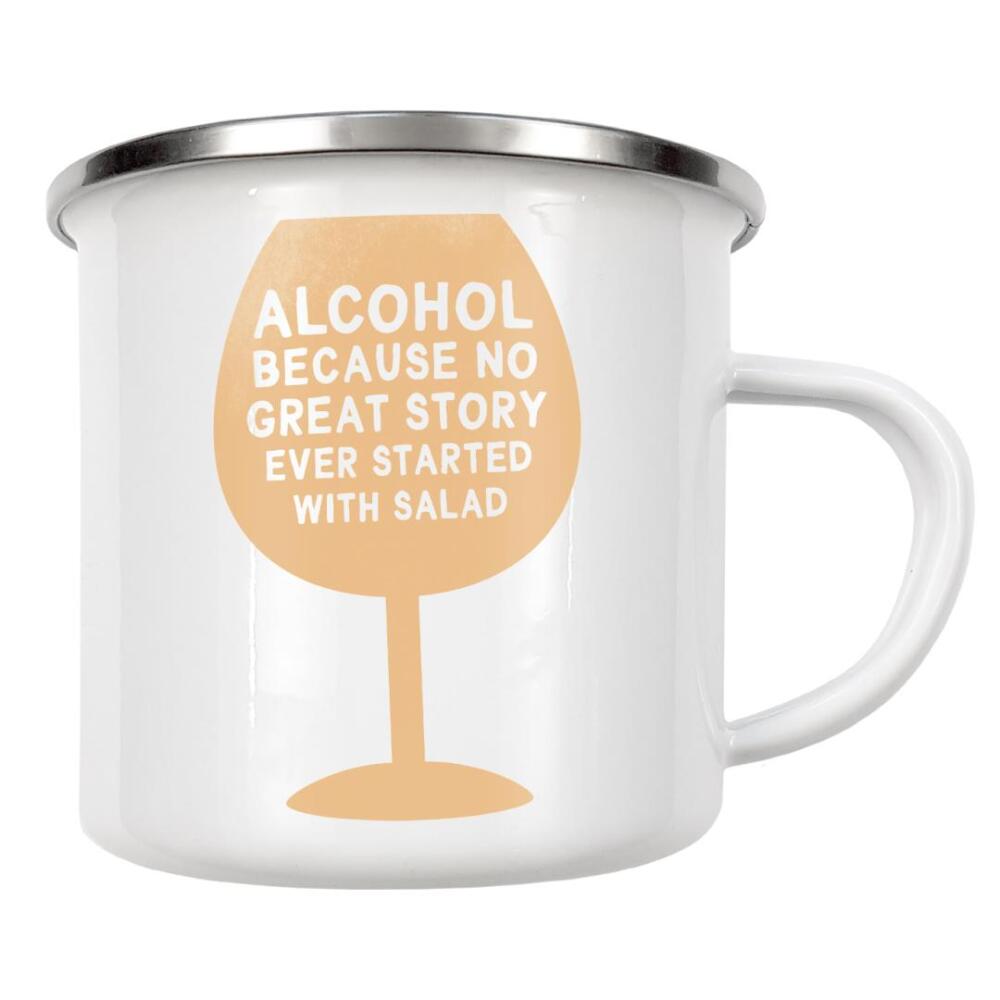 Emaille Tasse "Alcohol & Salad I Set orange" artboxONE - Typografie,Essen & Trinken,Essen & Trinken / Alkohol,Essen & Trinken / Obst & Gemüse,Lustig