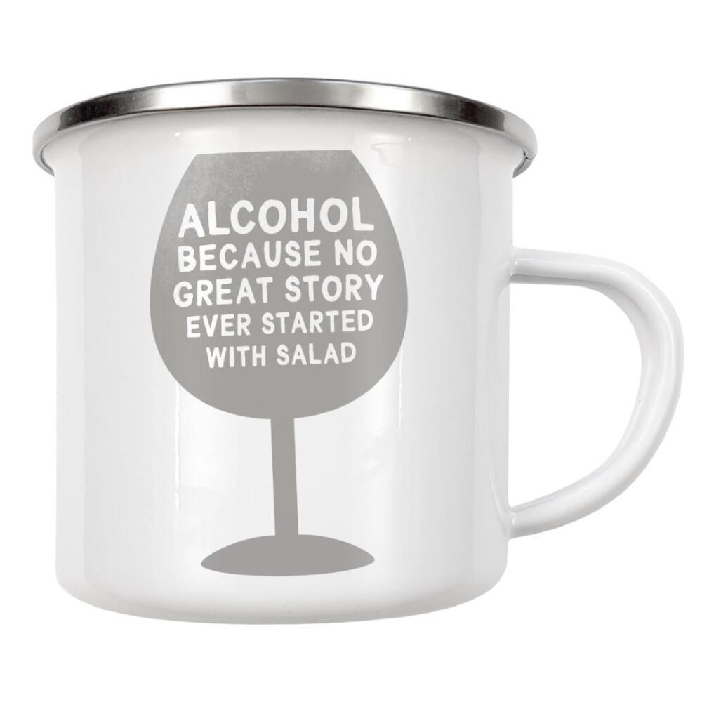 Emaille Tasse "Alcohol & Salad I Set grau" artboxONE - Typografie,Essen & Trinken,Schwarzweiß,Essen & Trinken / Alkohol,Lustig