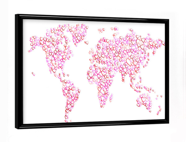 Poster mit schwarzem Rahmen "World Map of Hearts Red and Pink" artboxONE - Reise,Liebe,Kartografie
