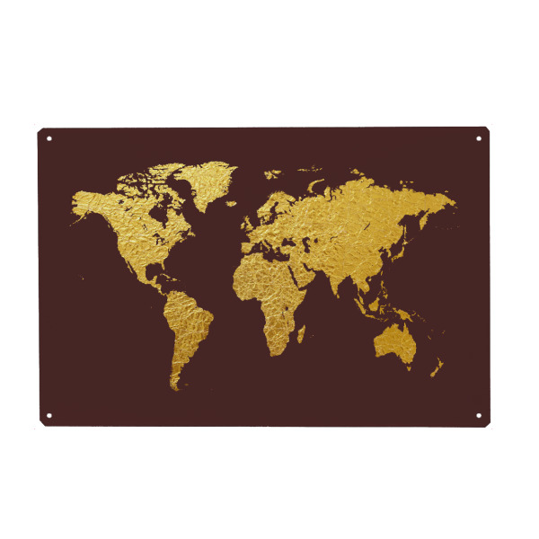 Metall Poster "World Map Gold on Burgandy" artboxONE - Reise,Kartografie - Weltkarte,Weltkarte,Gold,Folie,Blattgold - Blechschild