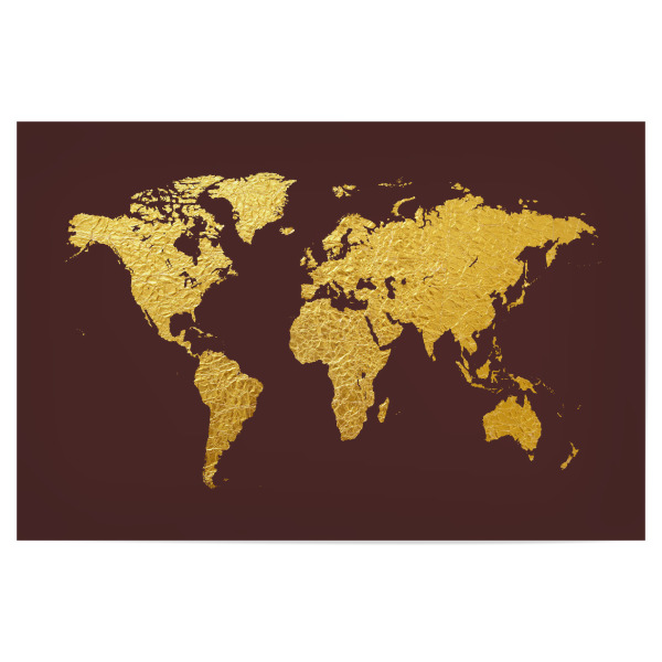 Poster 30x20 cm "World Map Gold on Burgandy" artboxONE - Reise,Kartografie - Weltkarte,Weltkarte,Gold,Folie,Blattgold
