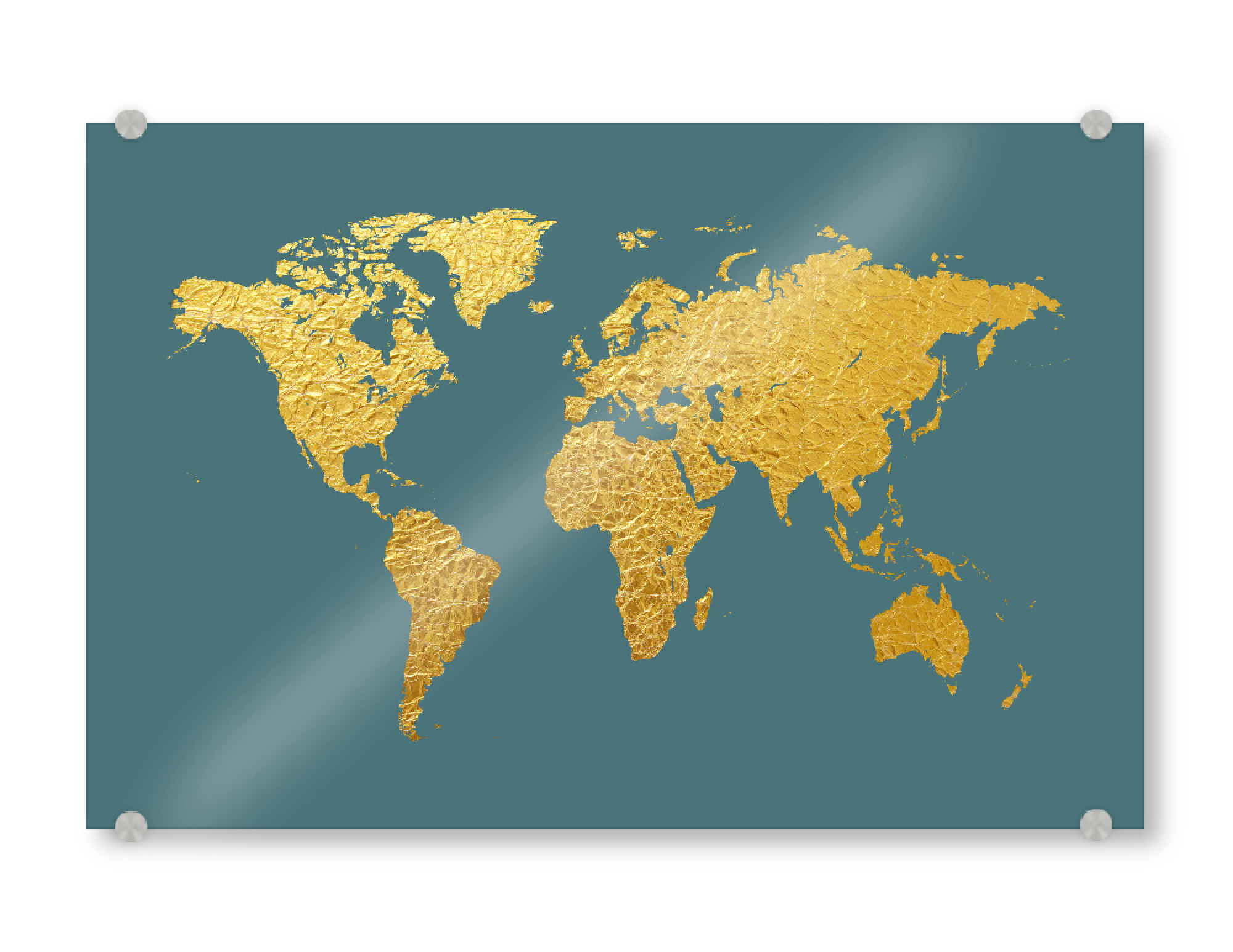 Acrylglasbild "World Map Gold on Teal" artboxONE - Kartografie - Weltkarte,Weltkarte,Gold,Folie,Blattgold