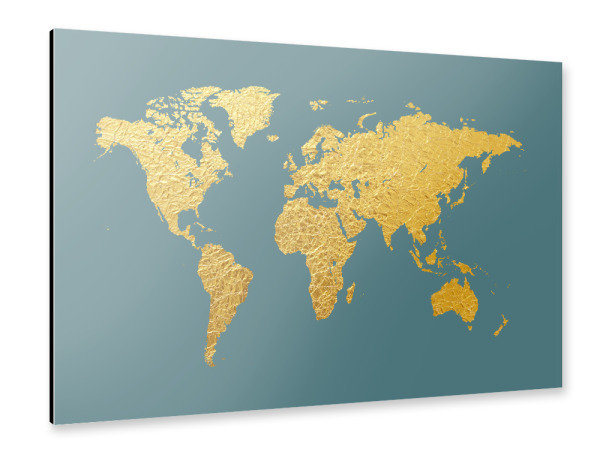 Alu-Dibond "World Map Gold on Teal" 30x20 cm artboxONE