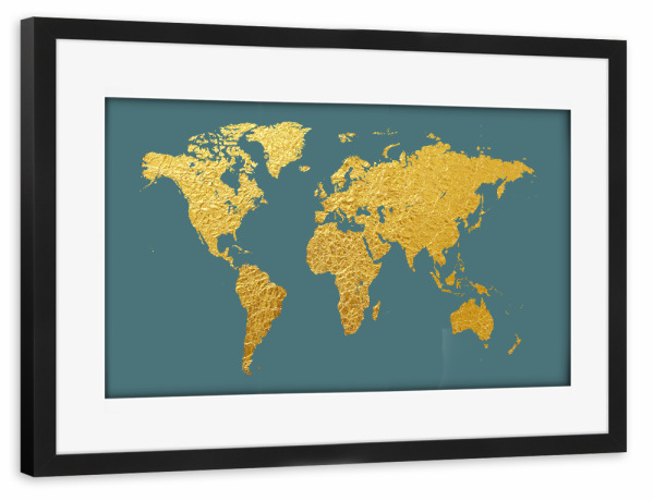 Poster mit Rahmen schwarz "World Map Gold on Teal" artboxONE - Kartografie - Weltkarte,Weltkarte,Gold,Folie,Blattgold