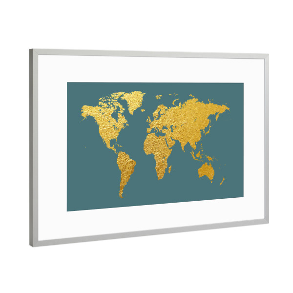 Poster mit Rahmen Silber "World Map Gold on Teal" artboxONE - Kartografie - Weltkarte,Weltkarte,Gold,Folie,Blattgold