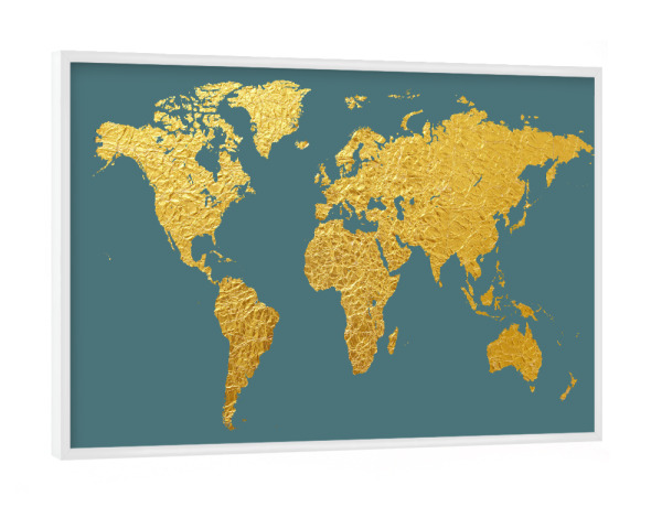 Poster mit weißem Rahmen "World Map Gold on Teal" artboxONE - Kartografie - Weltkarte,Weltkarte,Gold,Folie,Blattgold