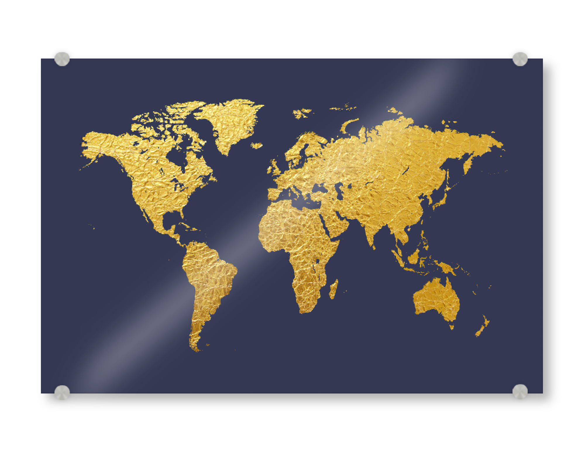 Acrylglasbild "World Map Gold on Blue" artboxONE - Kartografie - World map,Weltkarte,Gold,Foil,Gold leaf