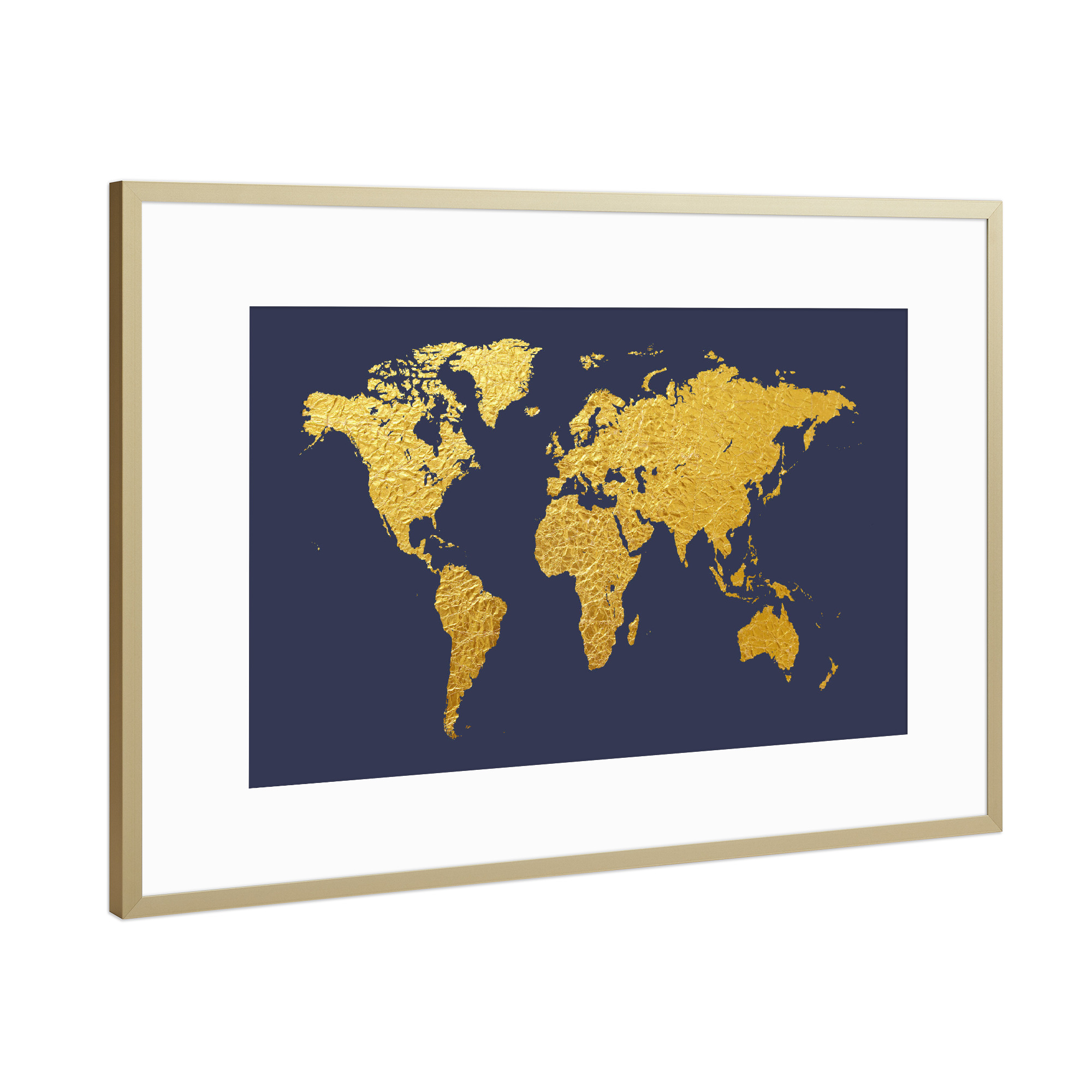 Poster mit Rahmen Gold "World Map Gold on Blue" artboxONE - Kartografie - World map,Weltkarte,Gold,Foil,Gold leaf