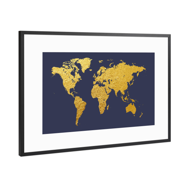 Poster mit Rahmen Schwarz (Metallic) "World Map Gold on Blue" artboxONE - Kartografie - World map,Weltkarte,Gold,Foil,Gold leaf