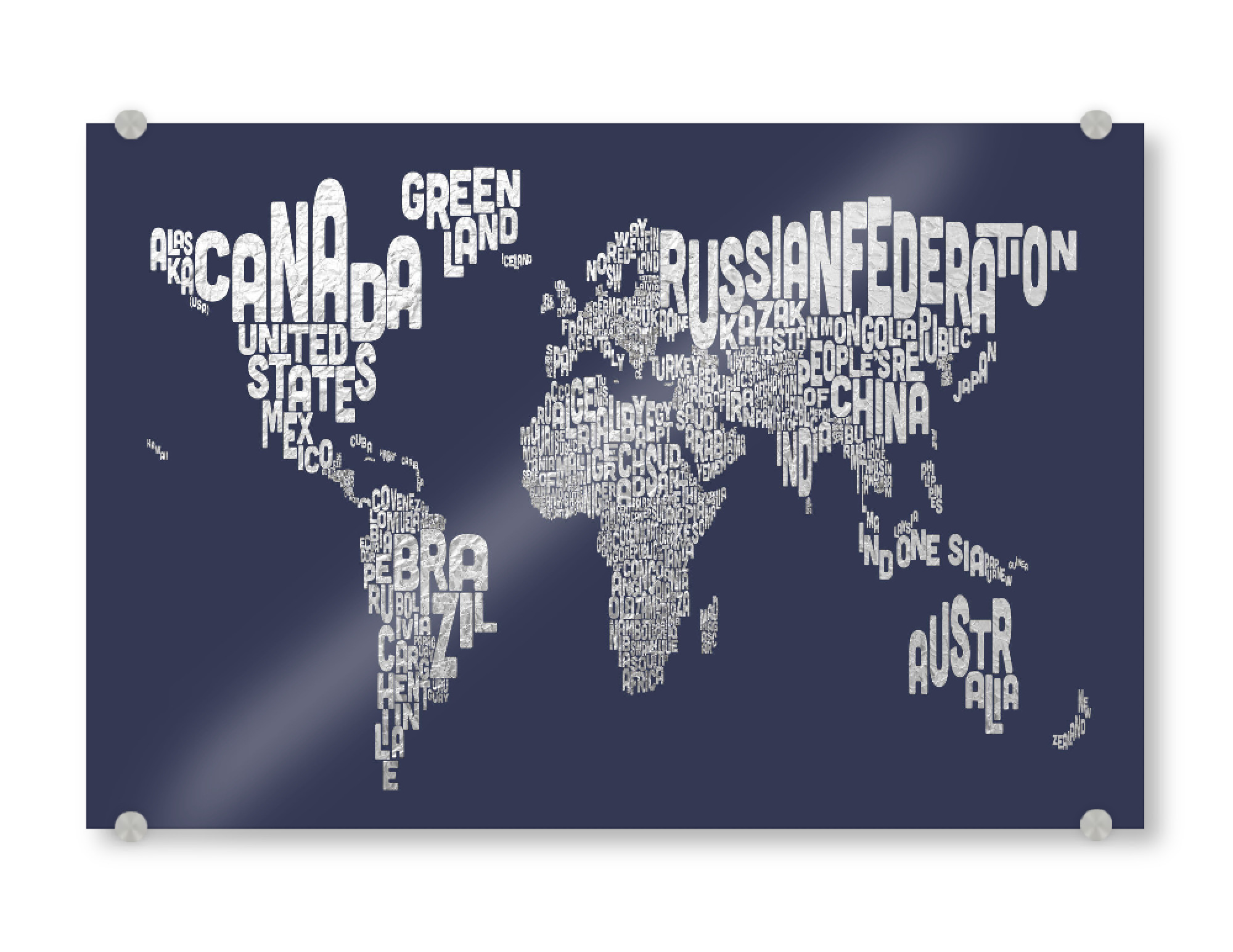 Acrylglasbild "World Text Map Silver on Blue" artboxONE - Typografie,Reise,Kartografie