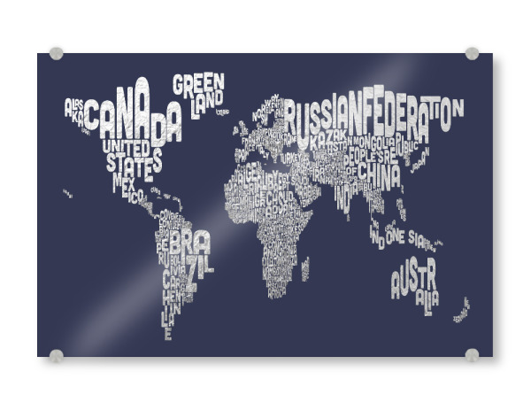 Acrylglasbild "World Text Map Silver on Blue" artboxONE - Typografie,Reise,Kartografie