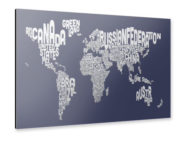 Alu-Dibond "World Text Map Silver on Blue" 30x20 cm artboxONE
