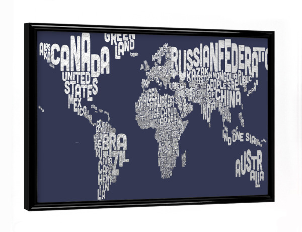 Poster mit schwarzem Rahmen "World Text Map Silver on Blue" artboxONE - Typografie,Reise,Kartografie
