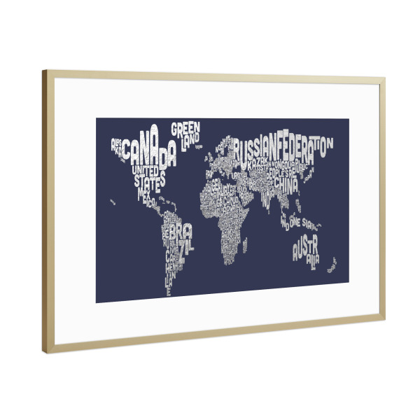 Poster mit Rahmen Gold "World Text Map Silver on Blue" artboxONE - Typografie,Reise,Kartografie