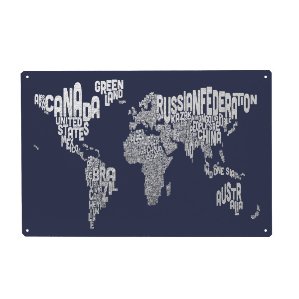 Holzbild "World Text Map Silver on Blue" artboxONE - Typografie,Reise,Kartografie