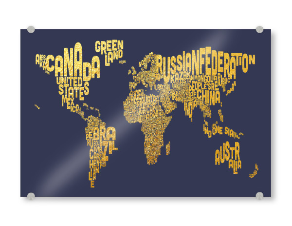 Acrylglasbild "World Text Map Gold on Blue" artboxONE - Typografie,Reise,Kartografie