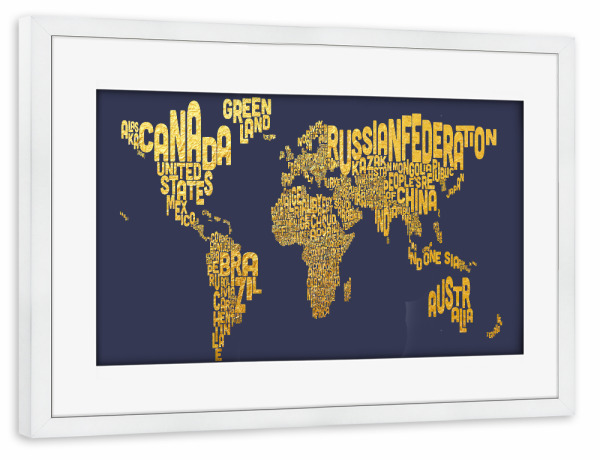 Poster mit Rahmen weiß "World Text Map Gold on Blue" artboxONE - Typografie,Reise,Kartografie