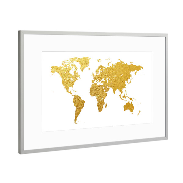 Poster mit Rahmen Silber "World Map Gold" artboxONE - Reise,Kartografie - Weltkarte,Weltkarte,Gold,Folie,Blattgold,Map,Worldmap