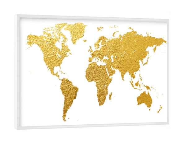 Poster mit weißem Rahmen "World Map Gold" artboxONE - Reise,Kartografie - Weltkarte,Weltkarte,Gold,Folie,Blattgold,Map,Worldmap