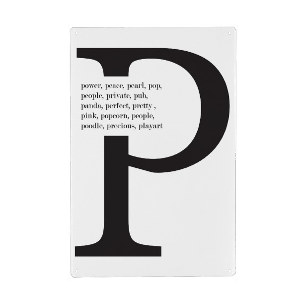 Metall Poster "P Words" artboxONE - Typografie,Schwarzweiß - P,Power,Perfekt,Pretty,People,Precious,Poodle,Pink,Popcorn,Pan,Pearl,Pop,Typo,Word,Wort