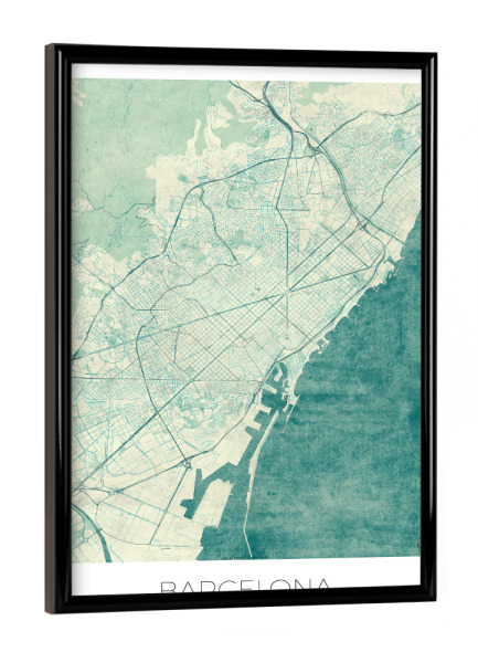 Poster mit schwarzem Rahmen "Barcelona, Spanien" artboxONE - Städte,Städte / Barcelona,Kartografie