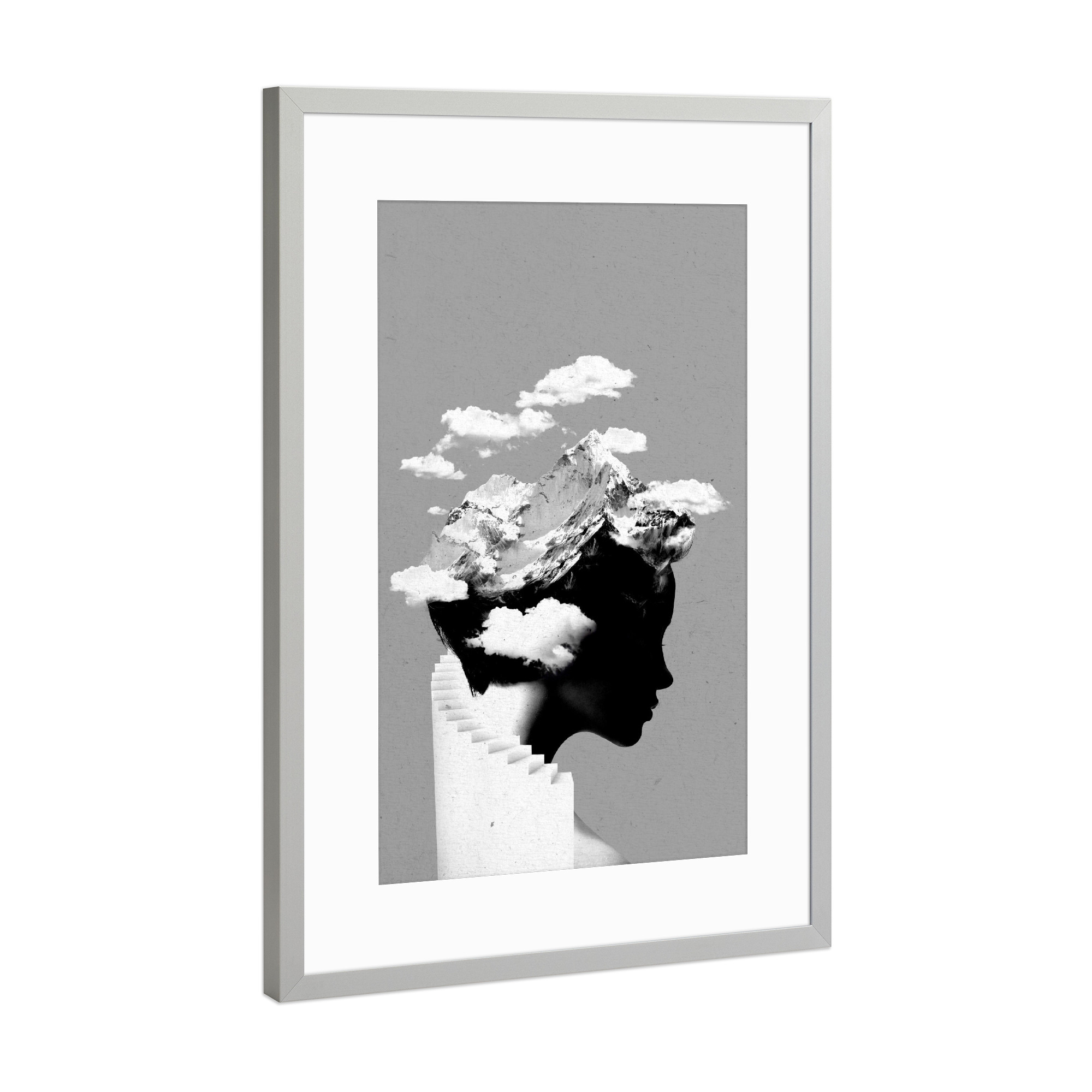Poster mit Rahmen Silber "It's a cloudy day" artboxONE - Schwarzweiß,Fashion - Mädchen,Wolke,Doppelbelichtung,Berg