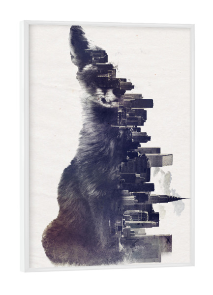 Poster mit weißem Rahmen "Fox from the city" artboxONE - Tiere,Schwarzweiß - Fuchs,Stadt,Doppelbelichtung