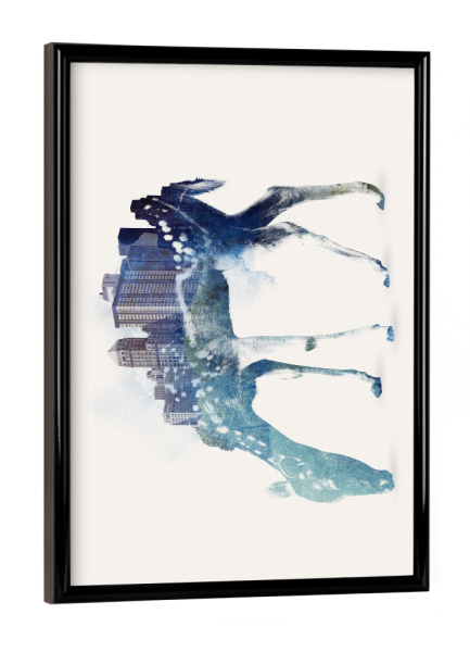 Poster mit schwarzem Rahmen "City deer" artboxONE - Tiere - Hirsch,Stadt,Gebäude