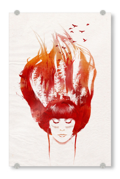 Acrylglasbild "Burning forest" artboxONE - Natur - Mädchen,Wald,Hirsch,Doppelbelichtung