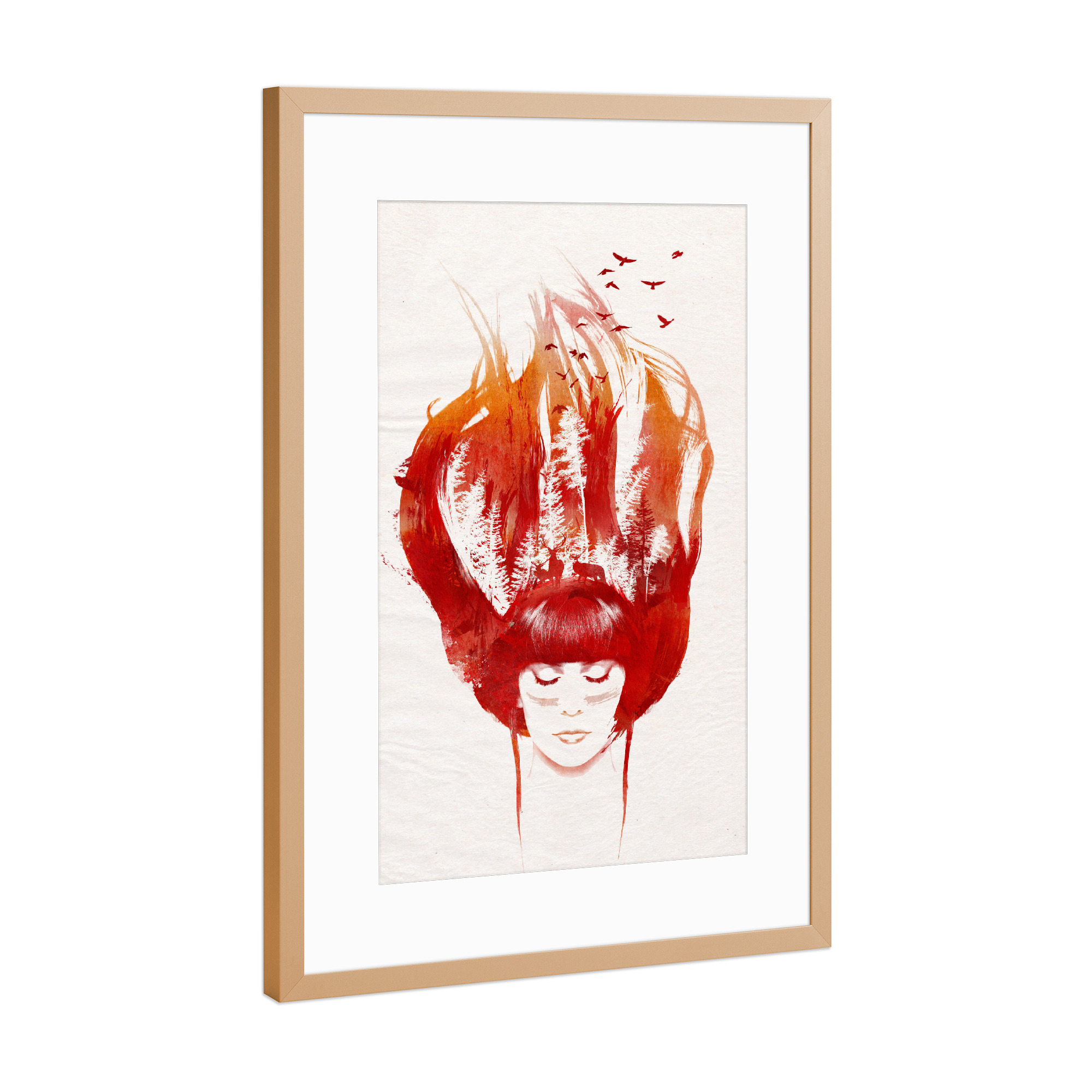 Poster mit Rahmen Kupfer "Burning forest" artboxONE - Natur - Mädchen,Wald,Hirsch,Doppelbelichtung