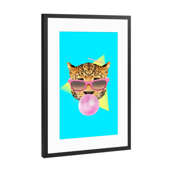 Poster mit Rahmen Schwarz (Metallic) "Bubble gum leo" artboxONE - Tiere - Leopard,Bubble gum