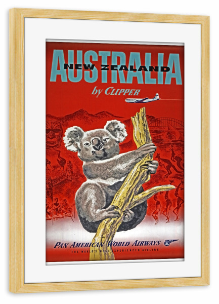 Poster mit Rahmen kiefer "Australia Art New Zealand Vintage Travel Poster Print" artboxONE - Reise