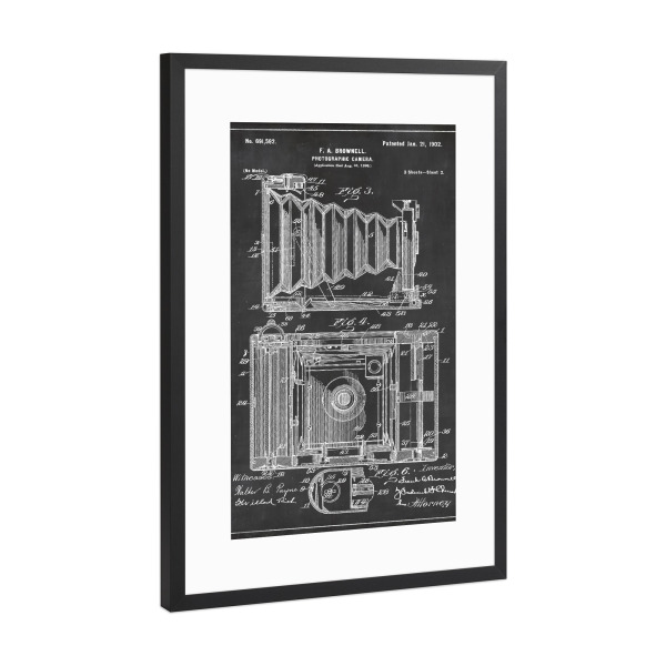 Poster mit Rahmen Schwarz (Metallic) "Retro Fotoapparat patent" artboxONE - Schwarzweiß,Retro - Retro,Fotoapparat,Patent,Foto,Kamera,Vintage