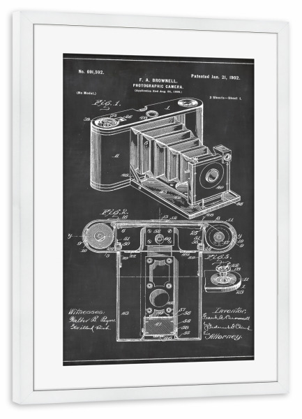 Poster mit Rahmen weiß "Vintage Fotoapparat" artboxONE - Schwarzweiß,Retro - Vintage,Fotoapparat,Retro,Foto,Kamera,Patent