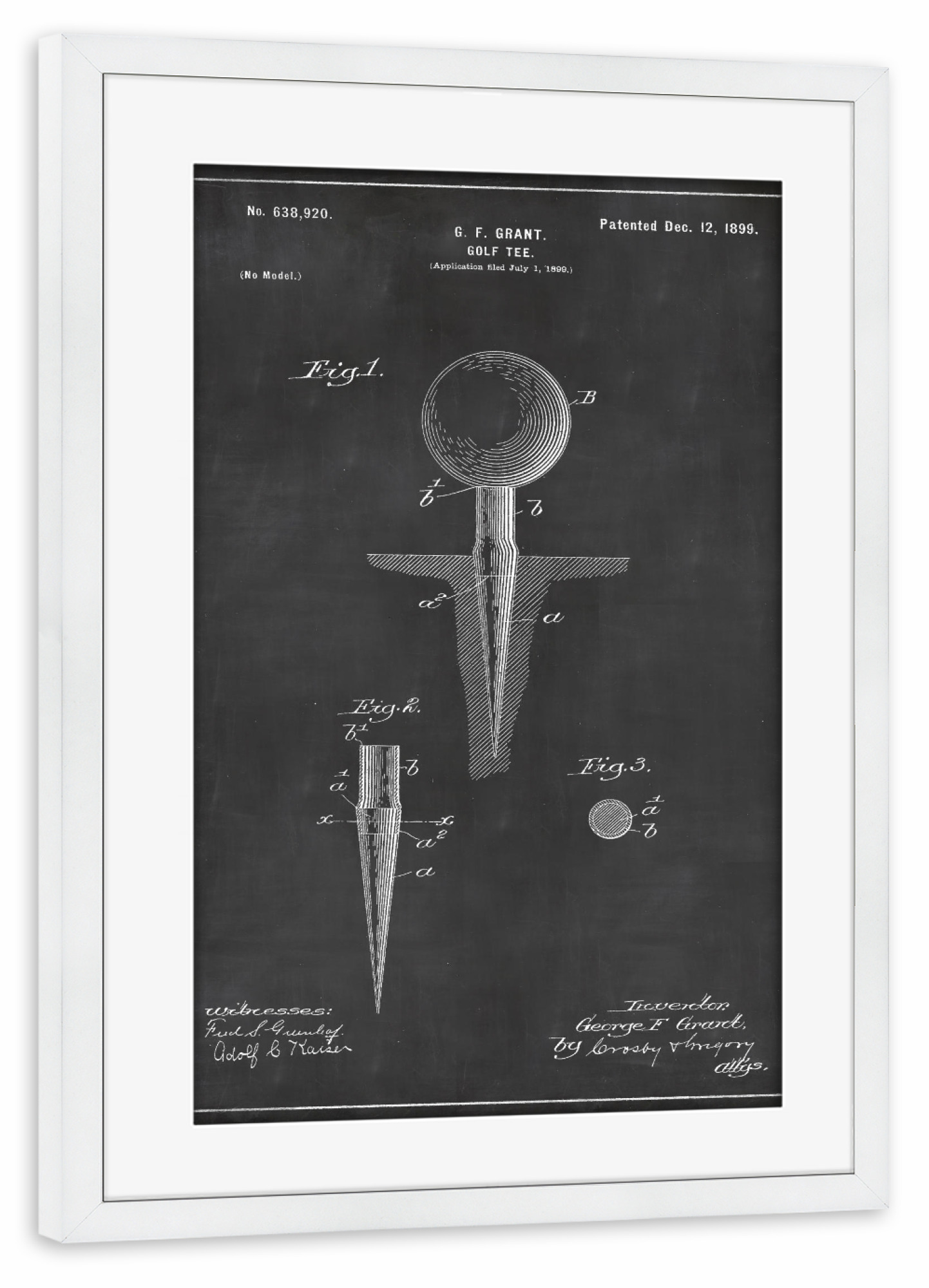 Poster mit Rahmen weiß "Golfball patent" artboxONE - Schwarzweiß,Sport,Retro - Golfball,Patent,Golf,Sport,Jahrgang,Retro