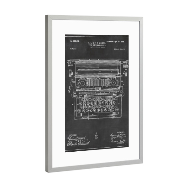 Poster mit Rahmen Silber "Retro Schreibmaschine patent" artboxONE - Schwarzweiß,Retro - Retro,Schreibmaschine,Vintage,Patent