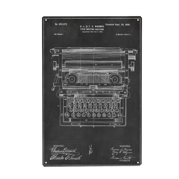 Metall Poster "Retro Schreibmaschine patent" artboxONE - Schwarzweiß,Retro - Retro,Schreibmaschine,Vintage,Patent - Blechschild