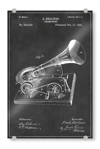 Acrylglasbild "Retro Grammophon Patent" artboxONE - Schwarzweiß,Musik,Retro - Retro,Grammophon,Vintage,Patent,Plattenspieler