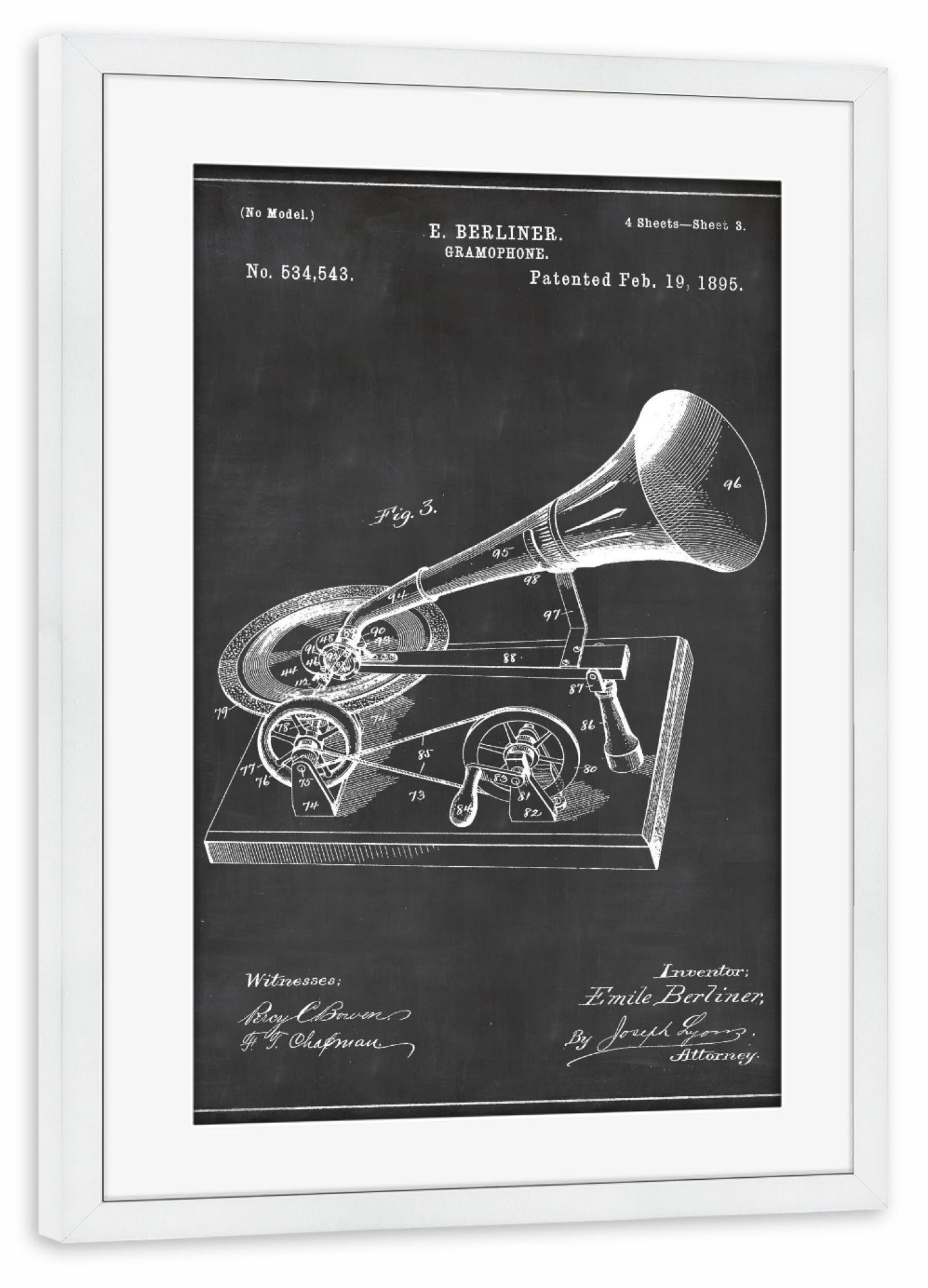 Poster mit Rahmen weiß "Retro Grammophon Patent" artboxONE - Schwarzweiß,Musik,Retro - Retro,Grammophon,Vintage,Patent,Plattenspieler