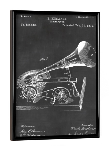 Poster mit schwarzem Rahmen "Retro Grammophon Patent" artboxONE - Schwarzweiß,Musik,Retro - Retro,Grammophon,Vintage,Patent,Plattenspieler