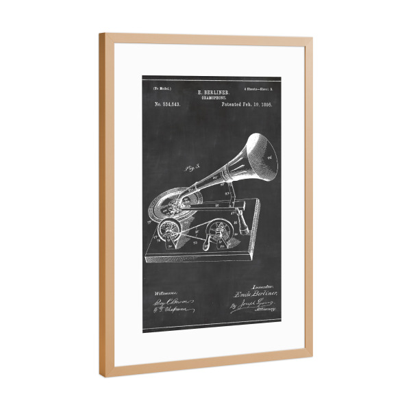 Poster mit Rahmen Kupfer "Retro Grammophon Patent" artboxONE - Schwarzweiß,Musik,Retro - Retro,Grammophon,Vintage,Patent,Plattenspieler