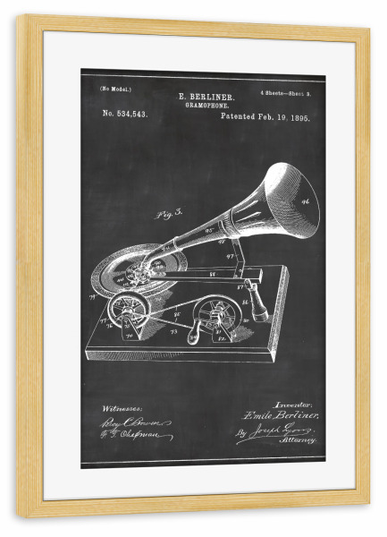 Poster mit Rahmen kiefer "Retro Grammophon Patent" artboxONE - Schwarzweiß,Musik,Retro - Retro,Grammophon,Vintage,Patent,Plattenspieler