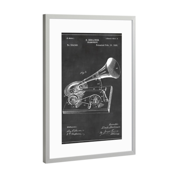 Poster mit Rahmen Silber "Retro Grammophon Patent" artboxONE - Schwarzweiß,Musik,Retro - Retro,Grammophon,Vintage,Patent,Plattenspieler