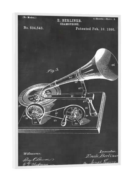 Poster mit weißem Rahmen "Retro Grammophon Patent" artboxONE - Schwarzweiß,Musik,Retro - Retro,Grammophon,Vintage,Patent,Plattenspieler