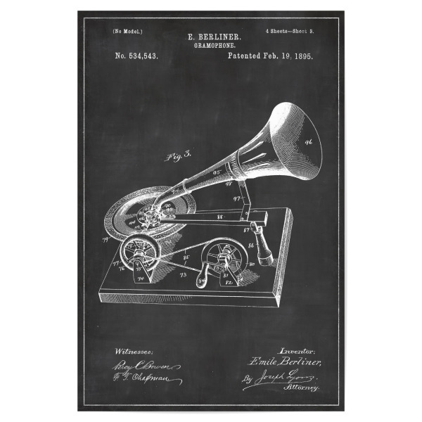 Poster 30x20 cm "Retro Grammophon Patent" artboxONE - Schwarzweiß,Musik,Retro - Retro,Grammophon,Vintage,Patent,Plattenspieler
